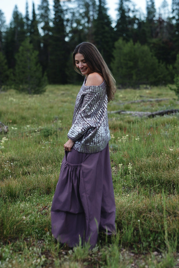 Cotton Metallic Crochet Boatneck Sweater - Amethyst/Silver