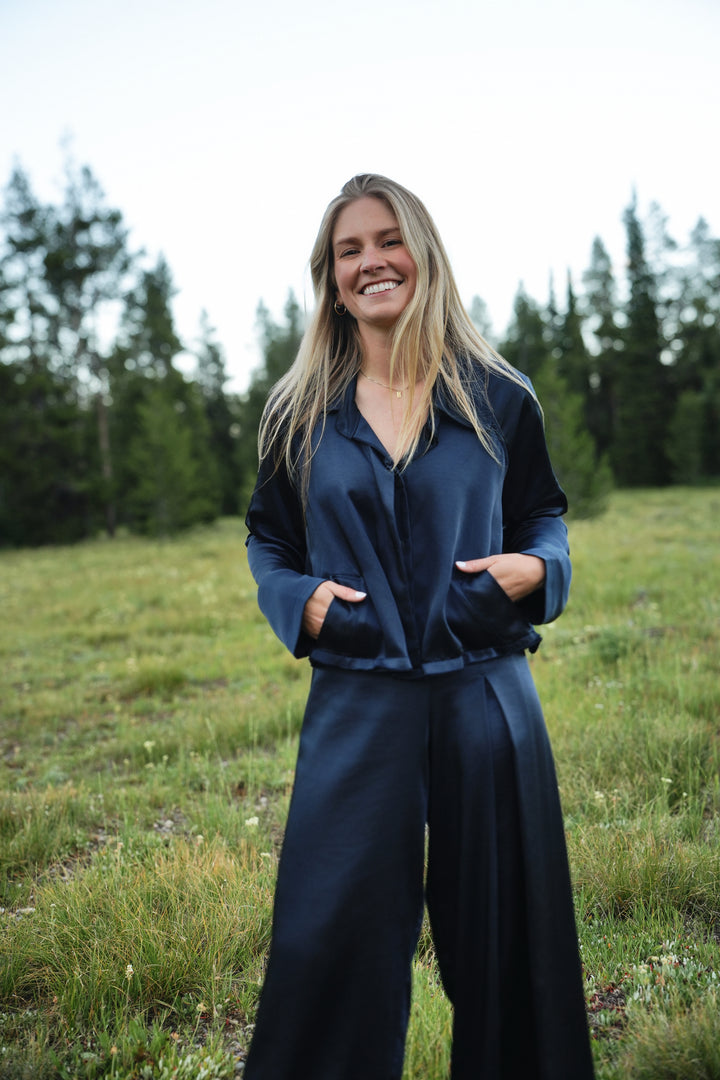 Sateen Cropped Swing Jacket - Midnight