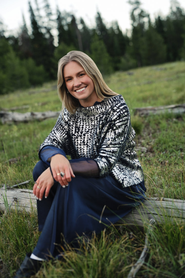 Cotton Metallic Crochet Boatneck Sweater - Midnight/Silver