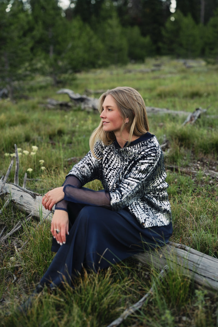 Cotton Metallic Crochet Boatneck Sweater - Midnight/Silver