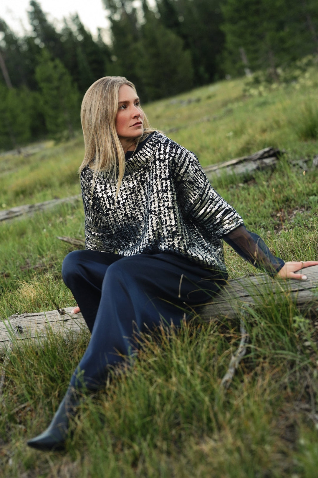 Cotton Metallic Crochet Boatneck Sweater - Midnight/Silver