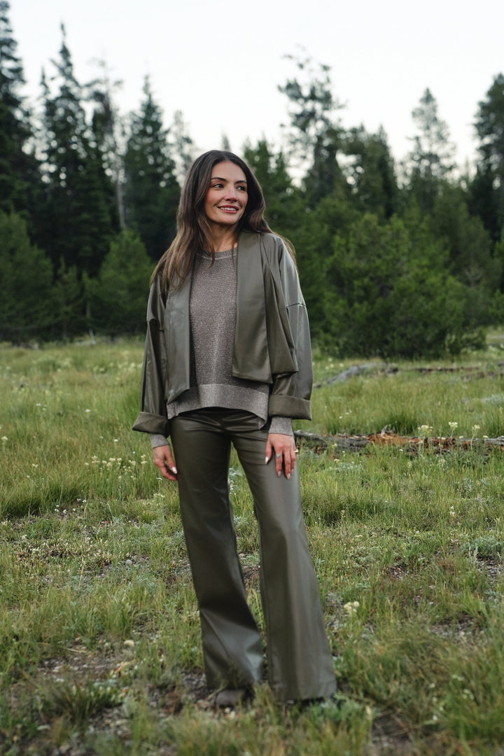 Vegan Leather Bell Bottom Pants - Turtle