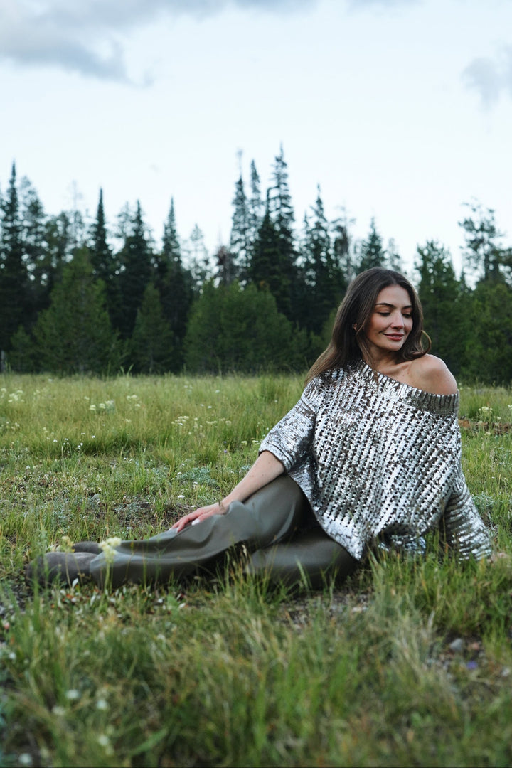 Cotton Metallic Crochet Boatneck Sweater - Turtle/Silver