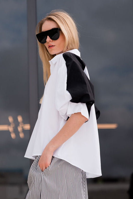 Cotton Balloon Sleeve Shirt - White/Black