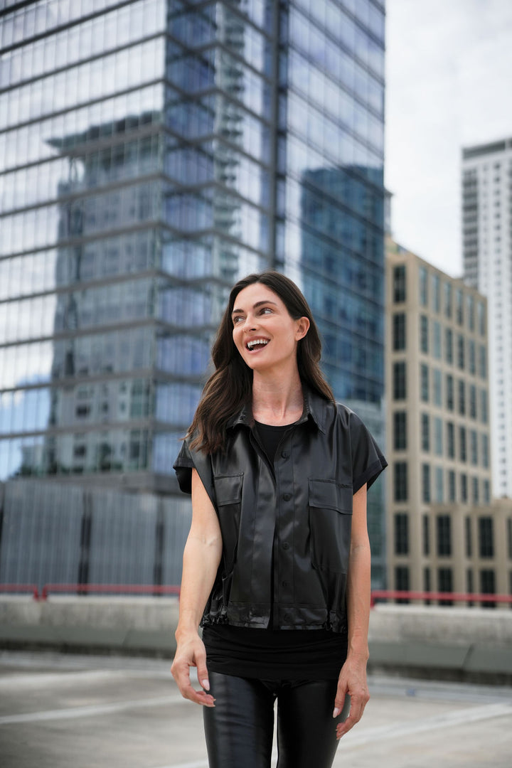 Vegan Leather Mini Cargo Vest - Black