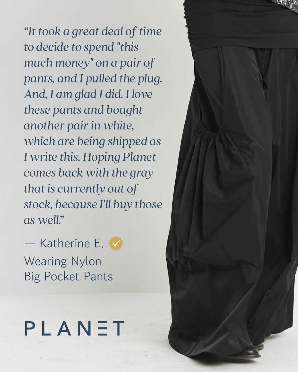 Black big pocket pants with a quote from Katherine E. about her purchase, displayed on a white background with 'Planet' branding.