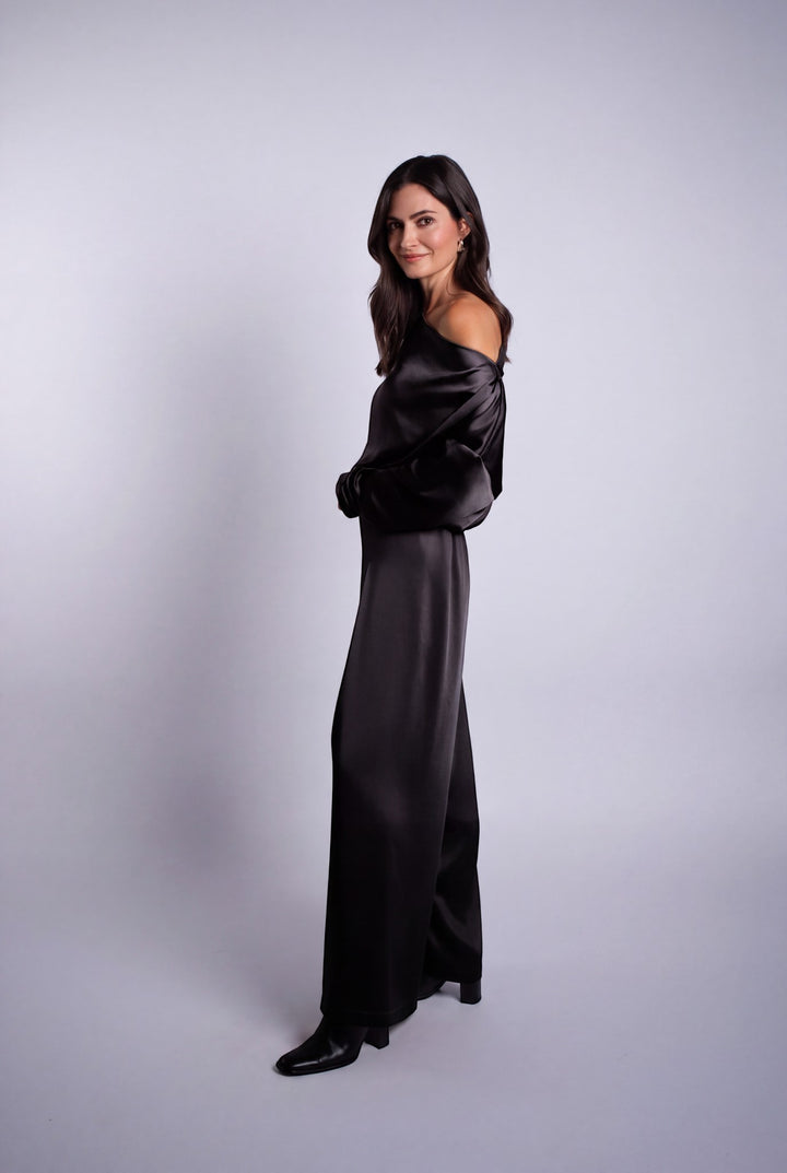 Sateen Single Pleat Pants - Black