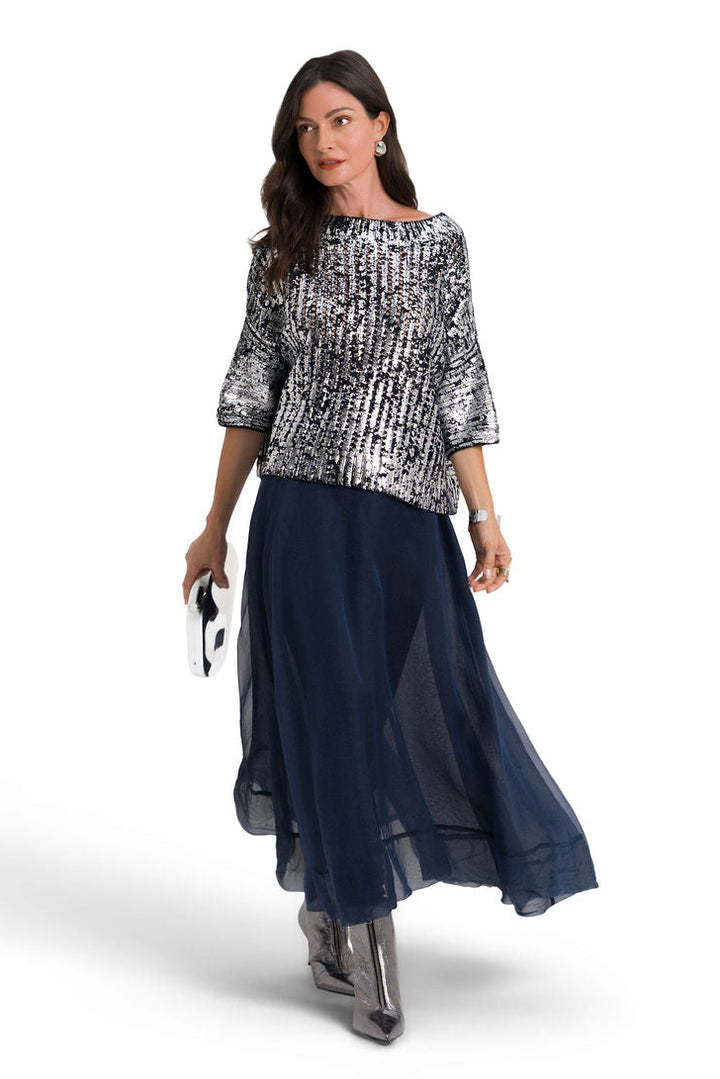 Cotton Metallic Crochet Boatneck Sweater - Midnight/Silver
