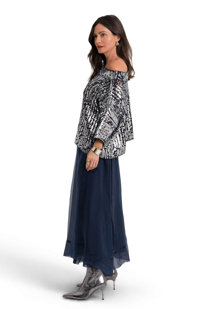 Cotton Metallic Crochet Boatneck Sweater - Midnight/Silver