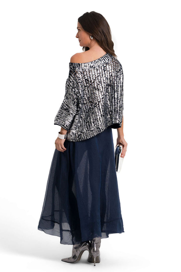 Cotton Metallic Crochet Boatneck Sweater - Midnight/Silver
