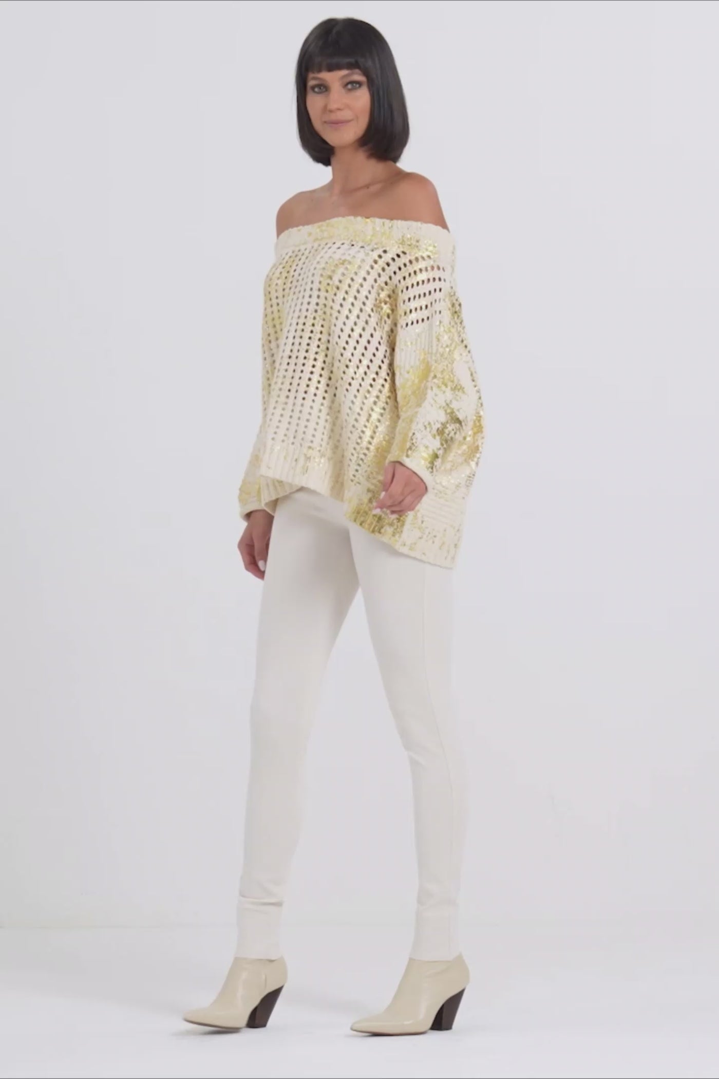 Cotton Metallic Crochet Boatneck Sweater