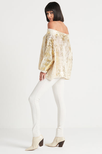 Cotton Metallic Crochet Boatneck Sweater