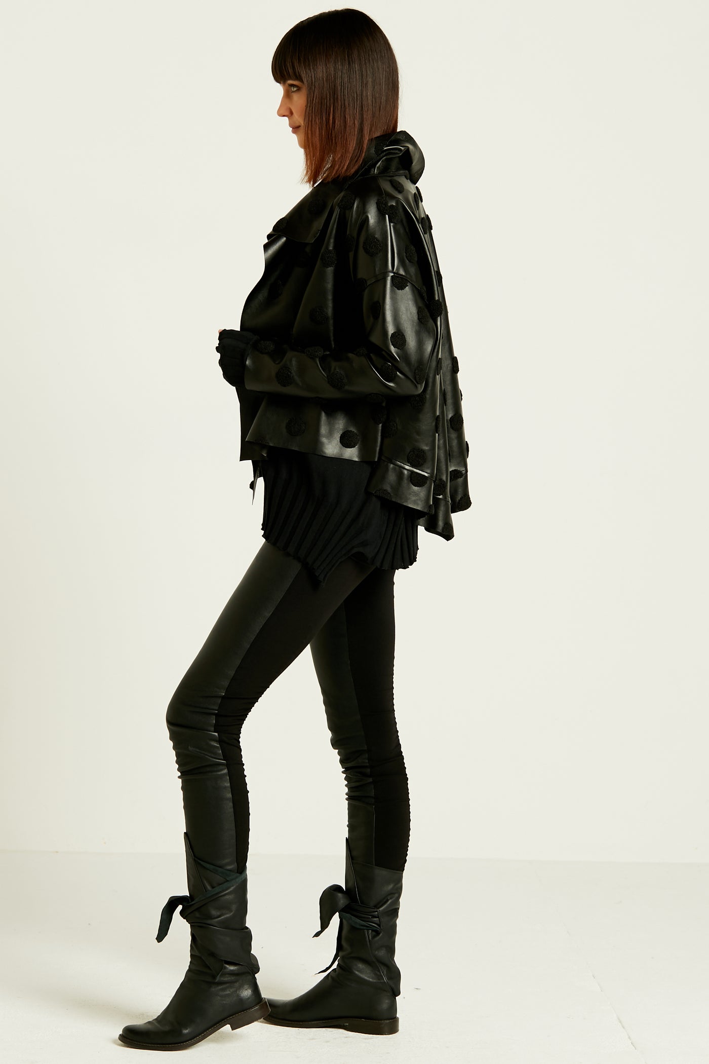 Vegan Leather Cropped Asymmetrical Dots Jacket