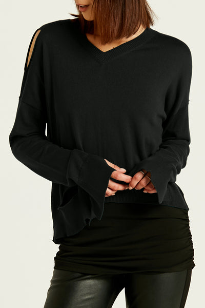 Pima Cotton Ripped Mini V Neck Sweater