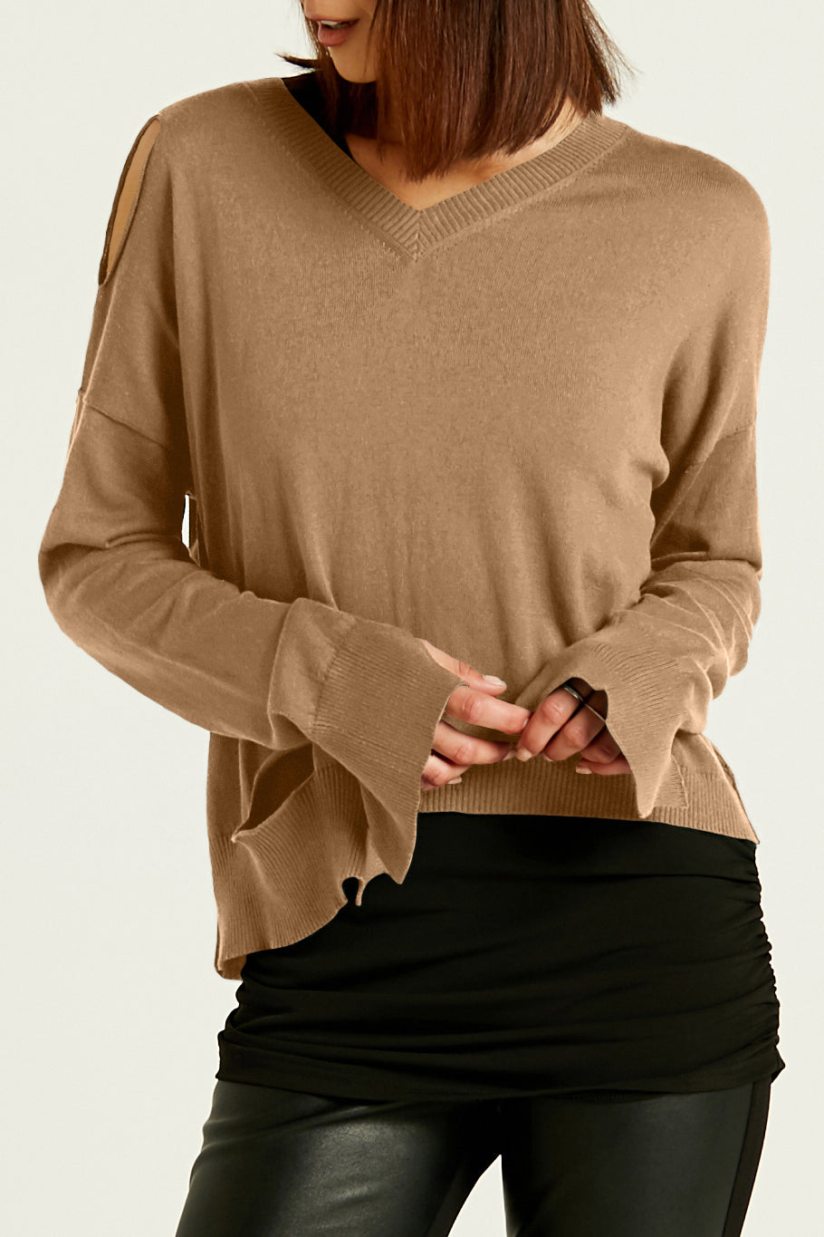 Pima Cotton Ripped Mini V Neck Sweater